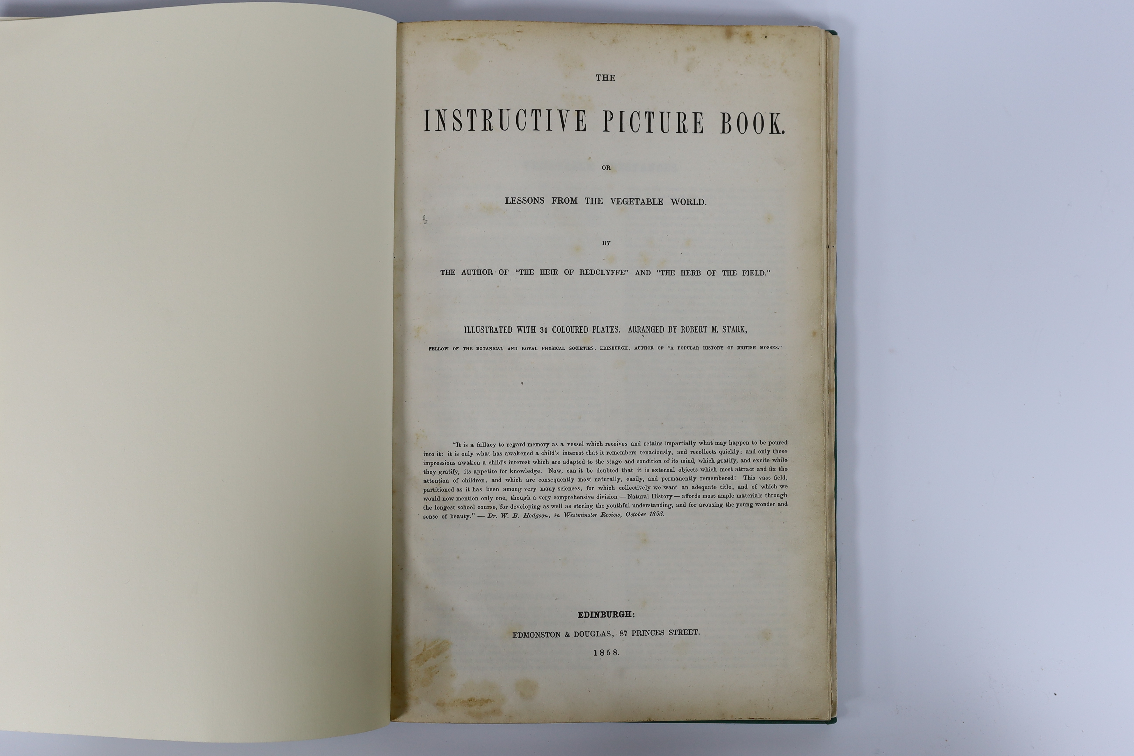 [Yonge, Charlotte Mary] - The Instructive Picture Book, or Lessons from the Vegetable World, tall 4to, original pictorial boards, with 31 striking hand-coloured double-page plates of fruit, flowers, vegetables, fungi etc